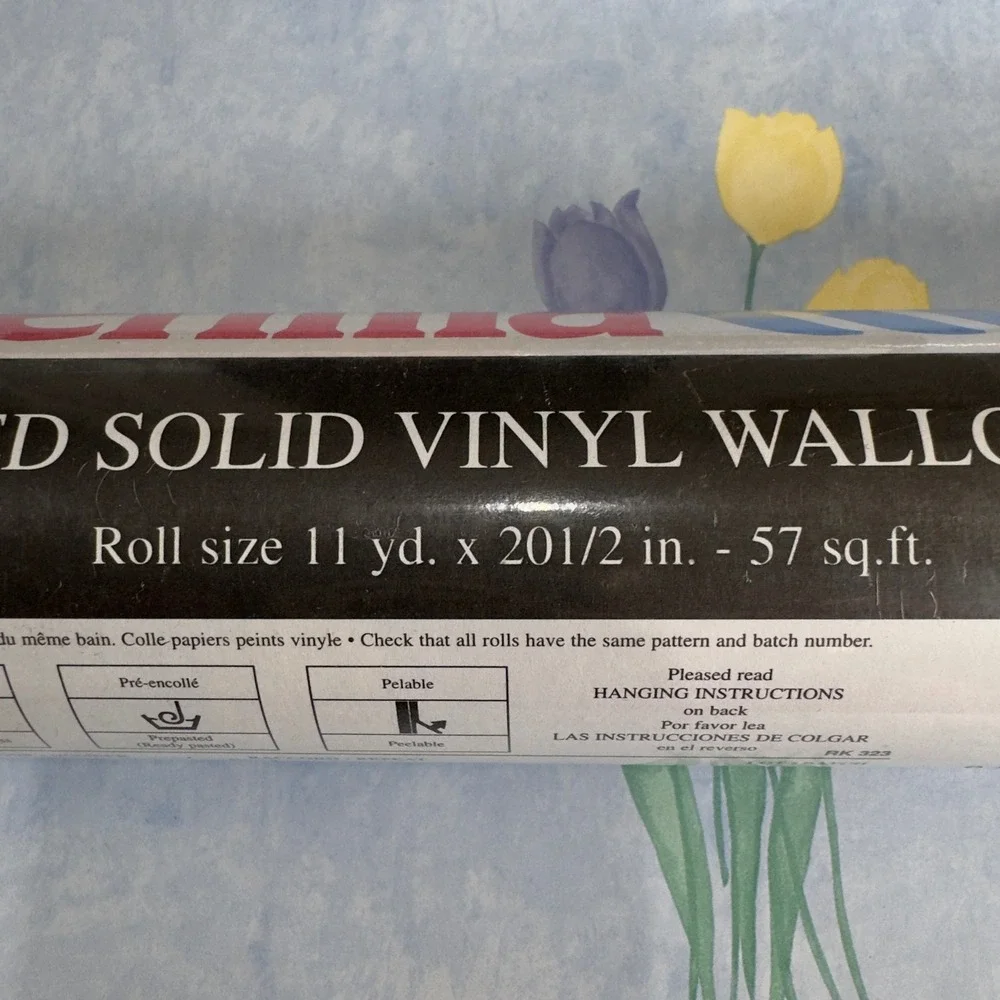 VTG NOS Venilia Blue Tulip Cottagecore Vinyl Wallpaper Prepasted 6 Rolls